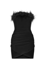 Faux Feather Trim Strapless Mini Dress - Black