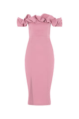 Ruffle Off The Shoulder Midi Dress - Powder Pink
