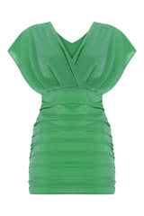 Shimmery V-Neck Gathered Dress - Green