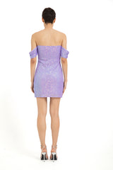 Off Shoulder Diamante Sequin Mini Dress - Lilac