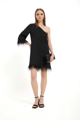 Faux Feather Trim One Shoulder Dress - Black