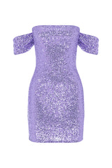 Off Shoulder Diamante Sequin Mini Dress - Lilac