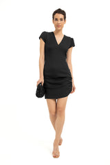 V-Neck Gathered Hip Mini Dress - Black