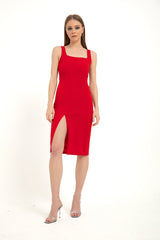 Square Neck Gathered Waist Midi Dress - Red