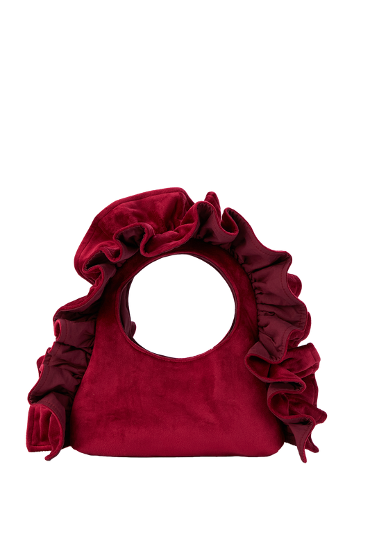 Frill Detail Velvet Shoulder Bag - Burgundy