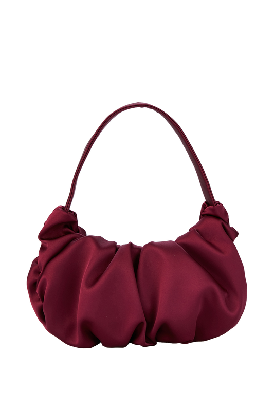 Pleated Satin Shoulder Bag - Burgundy