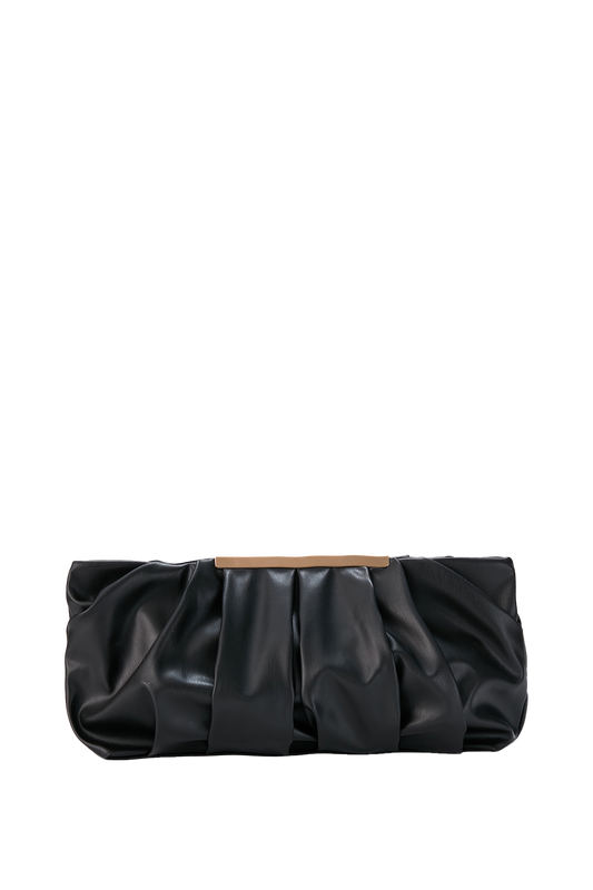 Pleated Vegan Leather Clutch Bag - Black