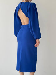 Balloon Sleeve Cutout Midi Dress - Royal Blue
