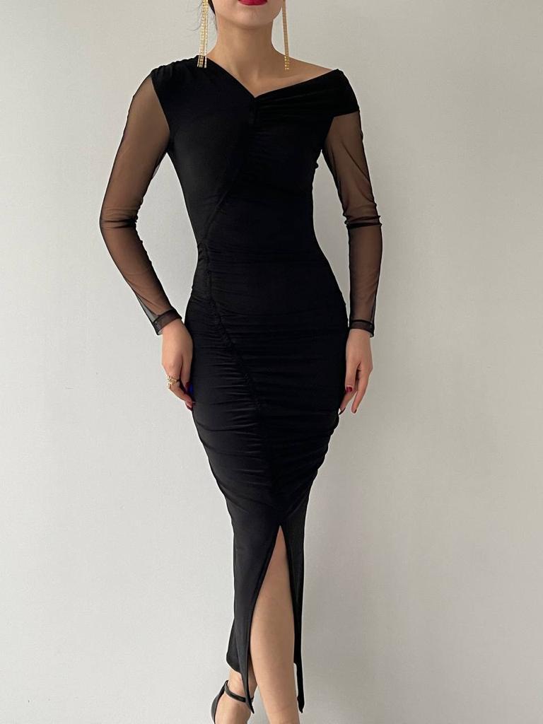 Asymmetric Neck Drape Midi Dress With Front Slit - Black – Belissh