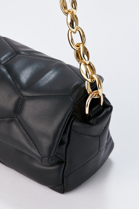 Quilted Vegan Leather Shoulder Bag - Black