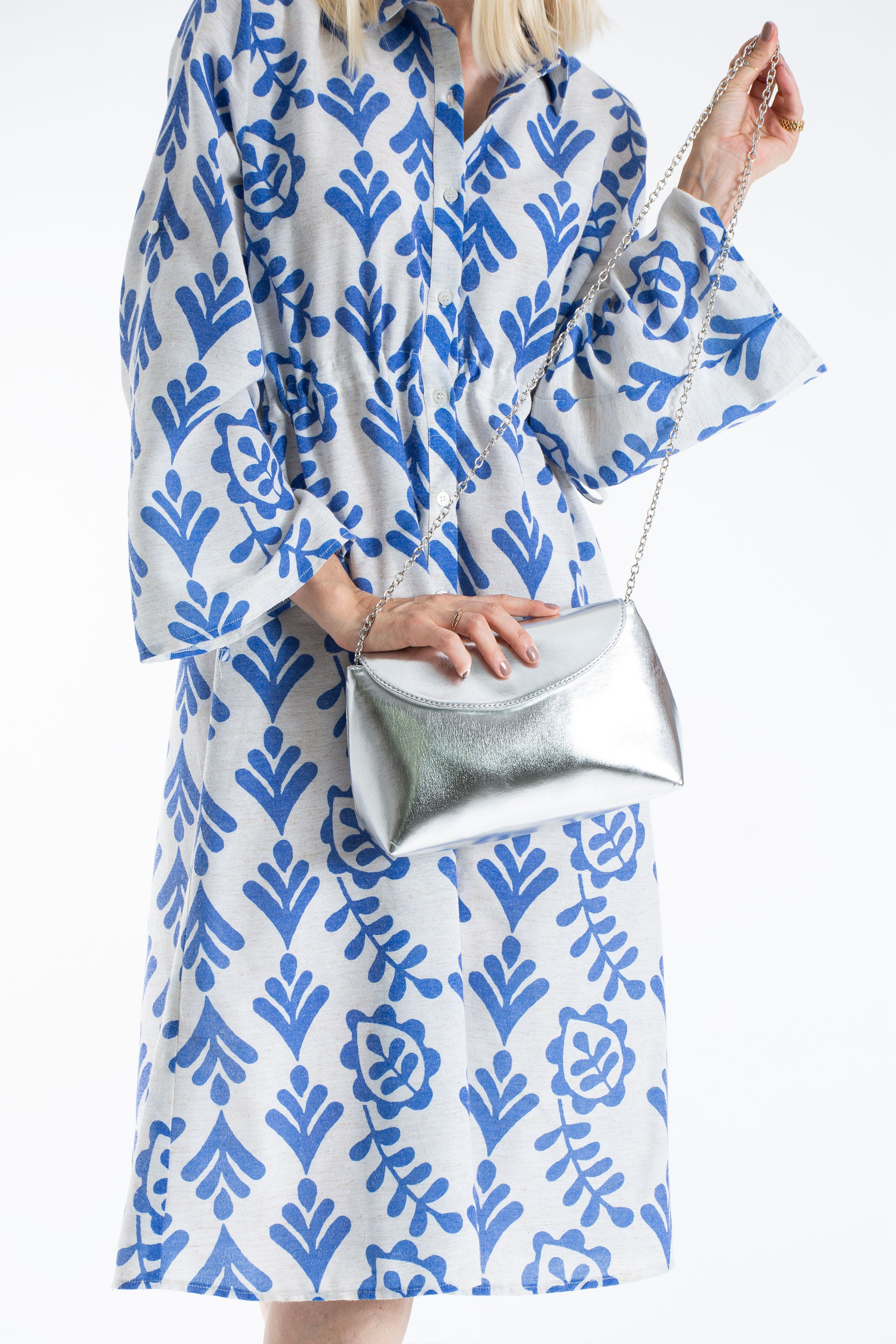 Women’s Linen Blend Leaf Print Midi Shirt Dress - Blue