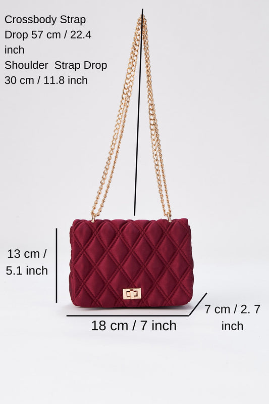 Quilted Satin Mini Crossbody & Shoulder Bag - Burgundy