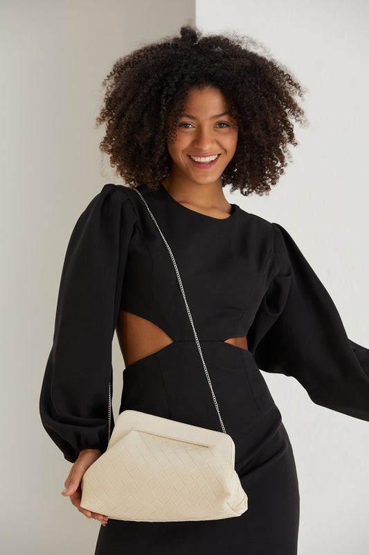 Asymmetrical Braided Pu Leather Clutch Bag With Detachable Strap - Cream