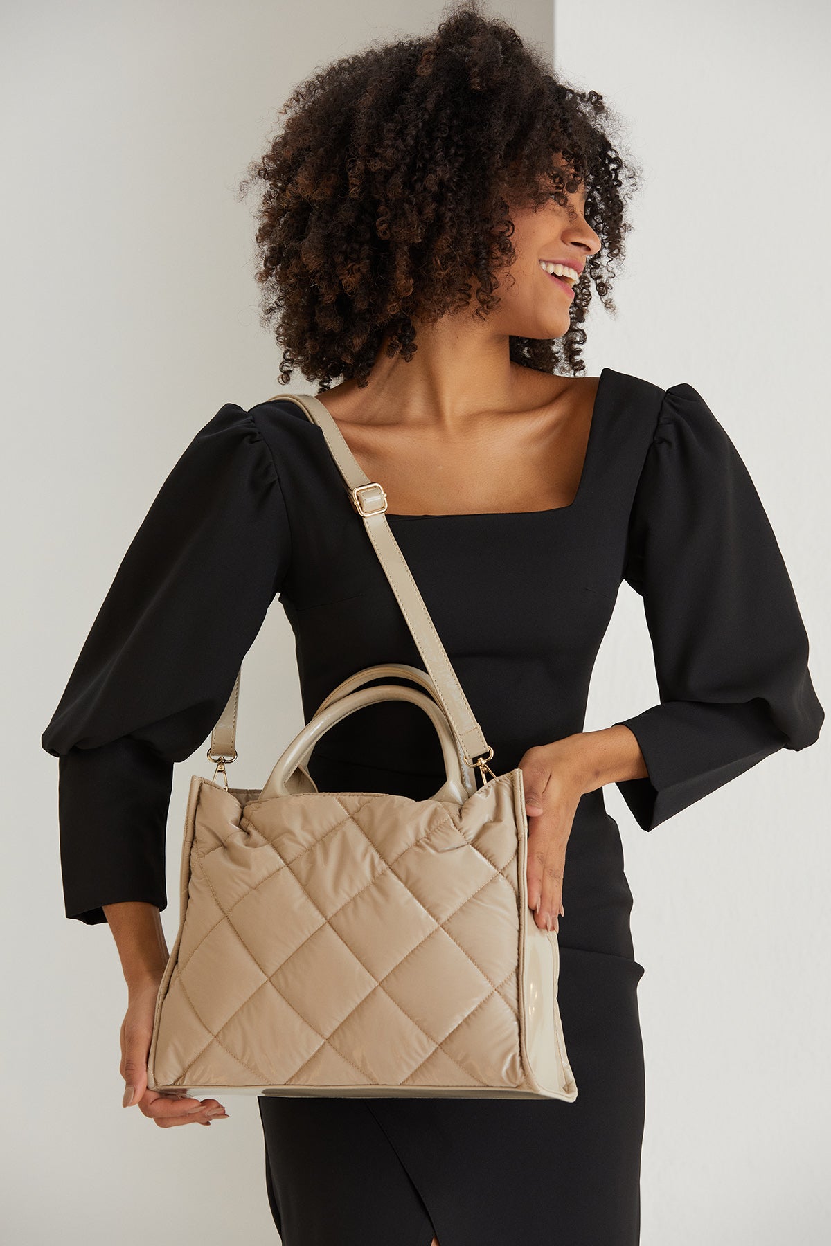 Quilted Tote Bag With Detachable Crossbody Strap - Cream