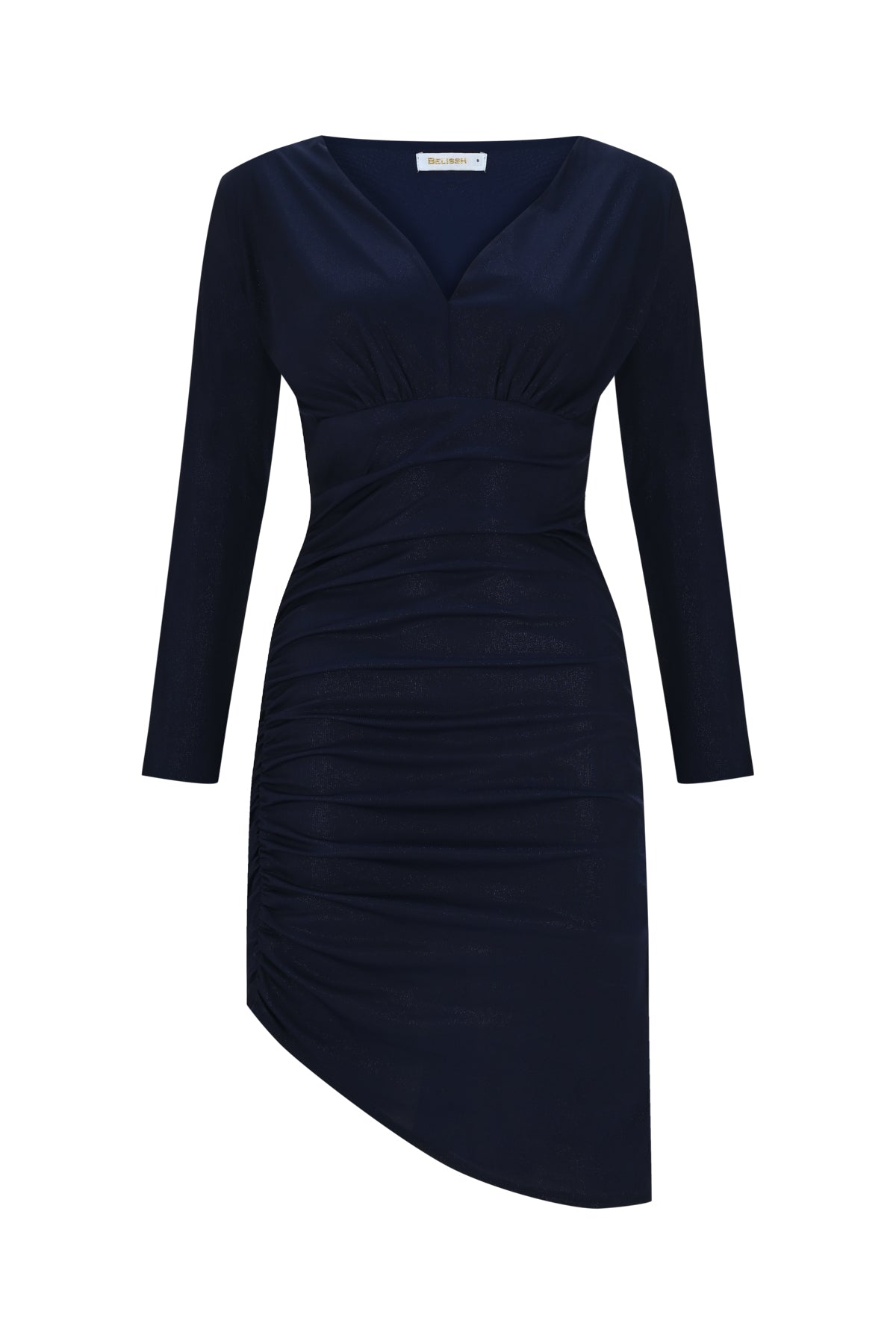 Schimmerndes drapiertes Kleid mit asymmetrischem Saum und V-Ausschnitt – Marineblau