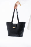 Texured Pu Leather Tote Bag with Matching Zipper Pouch 2PCS Set - Black
