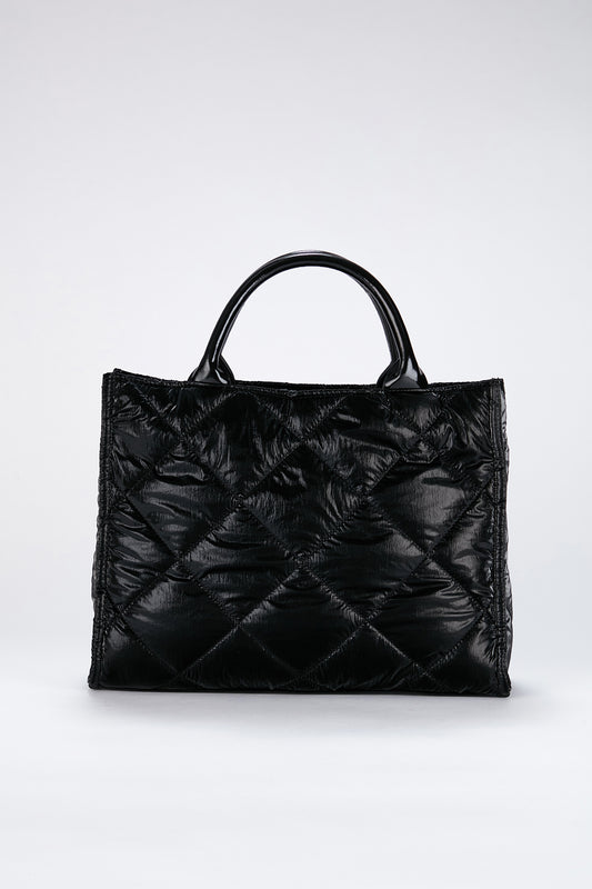 Quilted Tote Bag with Detachable Crossbody Strap - Black
