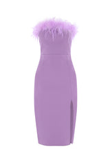 Faux Feather Trim Strapless Midi Dress - Lilac