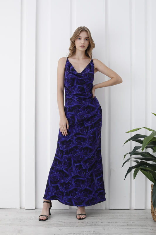 Women’s Abstract Rose Print Maxi Dress - Dark Navy