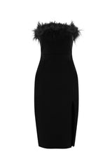 Faux Feather Trim Strapless Midi Dress - Black