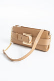 PU Leather Shoulder & Clutch Bag with Large Gold Buckle - Nude