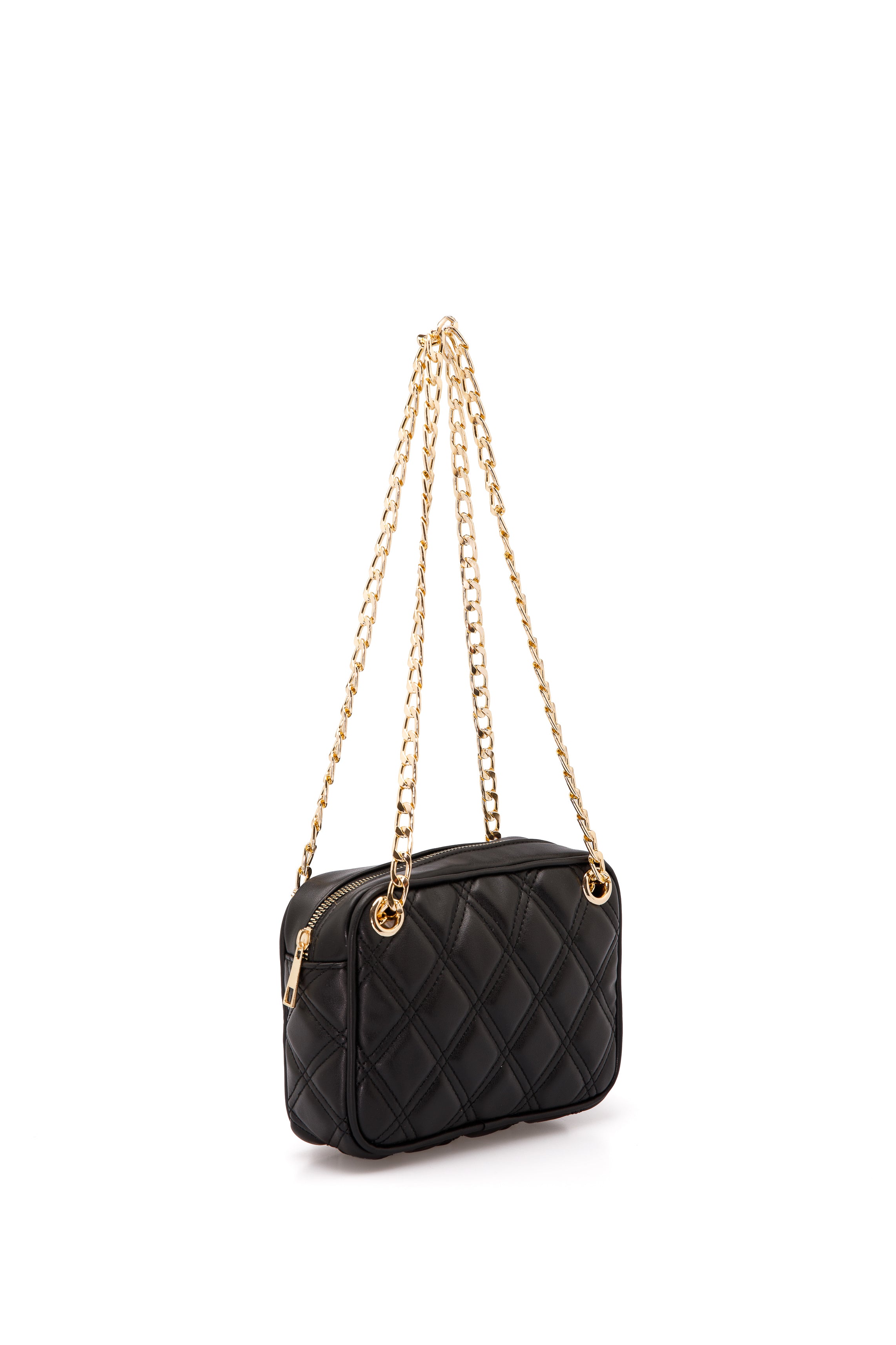 Horizontal Quilt Vegan Leather Camera Bag Black And Gold Belissh
