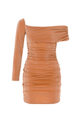 Shimmery One Shoulder Gathered Dress - Orange