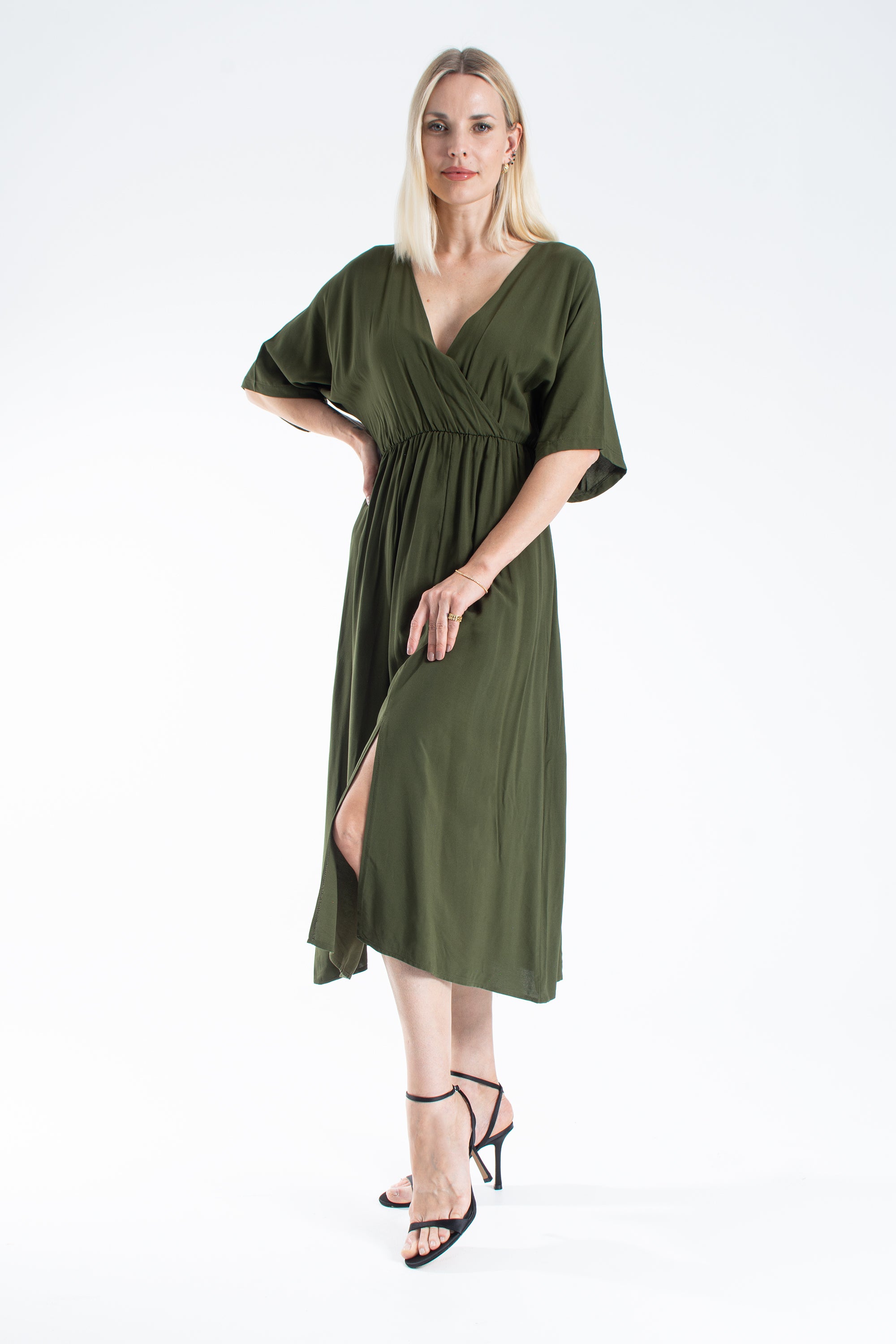 Womens Viscose V Neck Short Sleeve Midi Dress - Khaki