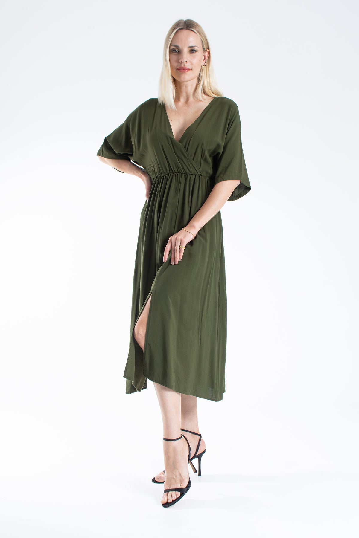 Womens Viscose V Neck Short Sleeve Midi Dress - Khaki