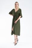 Womens Viscose V Neck Short Sleeve Midi Dress - Khaki