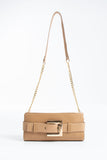 PU Leather Shoulder & Clutch Bag with Large Gold Buckle - Nude