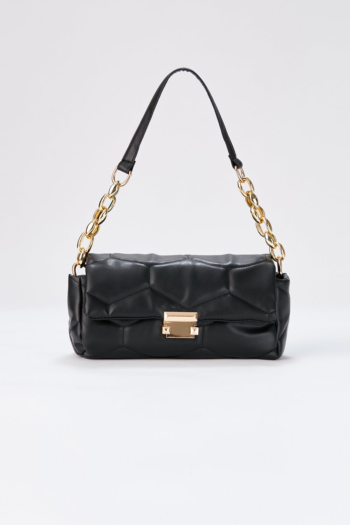 Quilted Pu Leather Shoulder Bag - Black