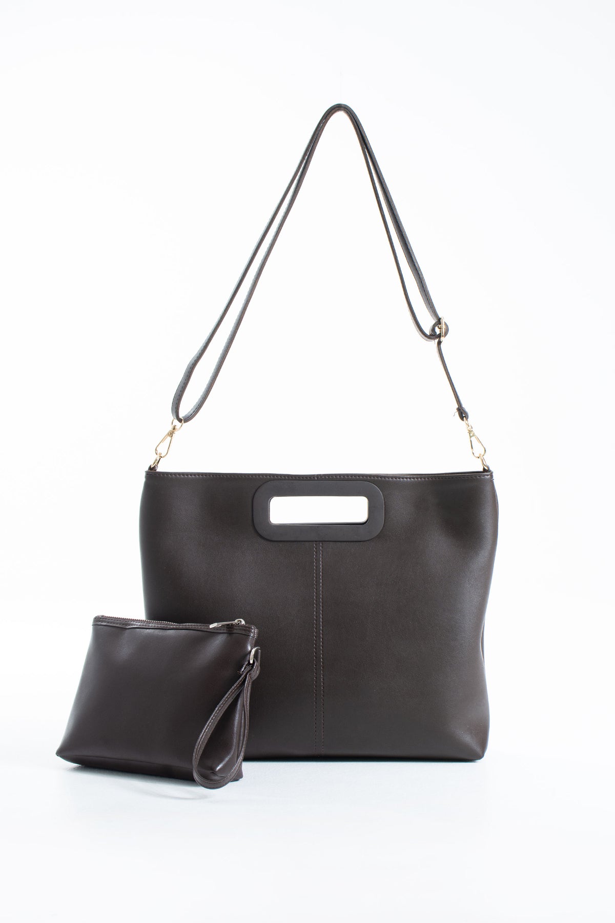 Handle Detail Pu Leather Large Handbag with Detachable strap - Brown