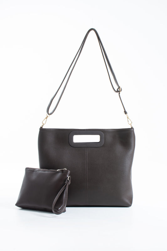 Handle Detail Pu Leather Large Handbag with Detachable strap - Brown