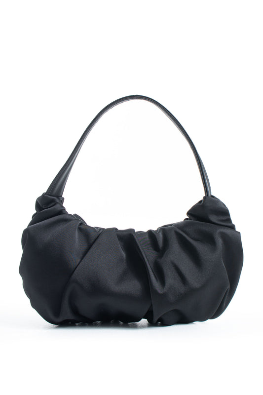 Pleated Satin Shoulder Bag - Black