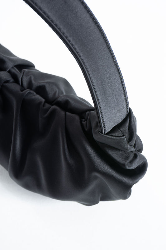 Pleated Satin Shoulder Bag - Black