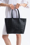 Woven Pu Leather Tote Bag with Matching Zipper Pouch 2PCS Set - Black