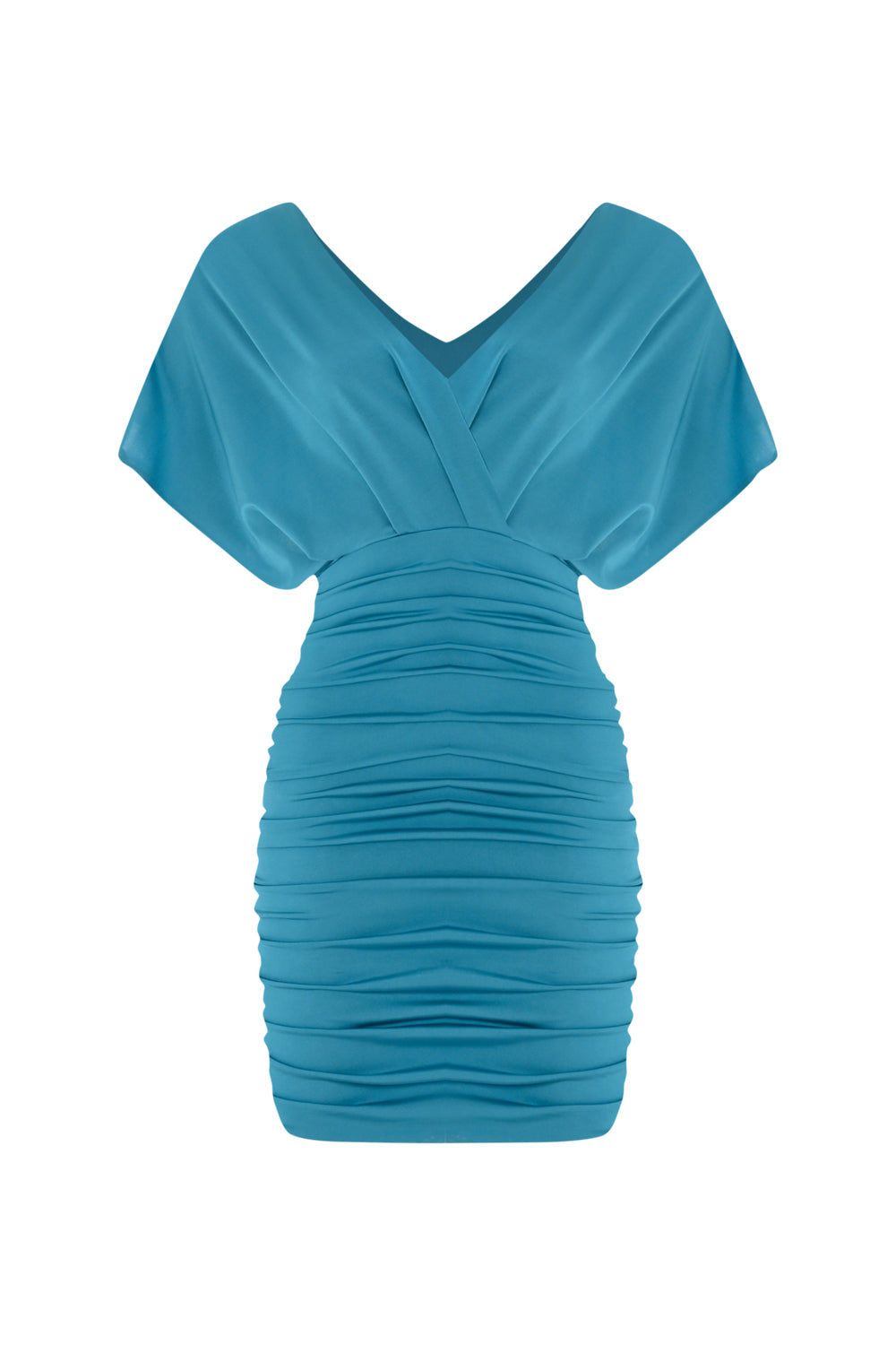 Gerafftes Kleid mit V-Ausschnitt – Blaugrün