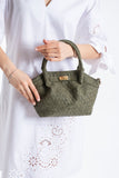 Woven Suede Top Handle Crossbody Bag with Twist Lock Detail - Khaki