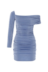 Schimmerndes One-Shoulder-Kleid mit Raffung – Babyblau