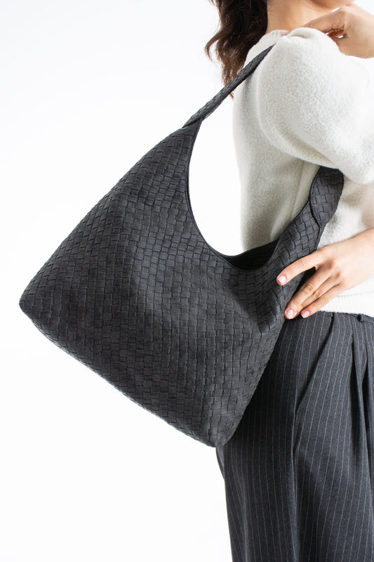 Woven Suede Slouchy Tote Bag with Matching Zipper Pouch 2PCS Set - Black