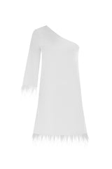 One-Shoulder-Kleid mit Kunstfederbesatz – Weiß