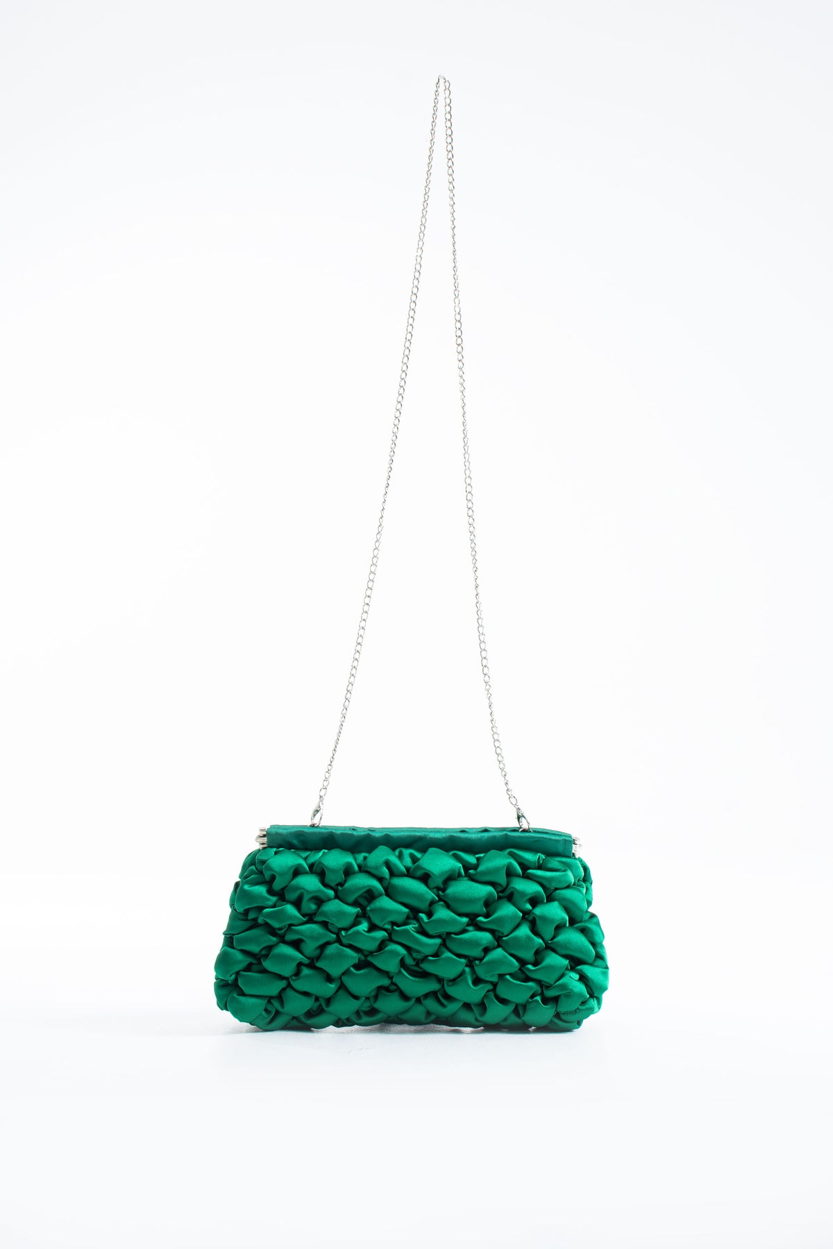 Puffy Quilted Satin Clucth Bag with Detachable Crossbody Strap - Green