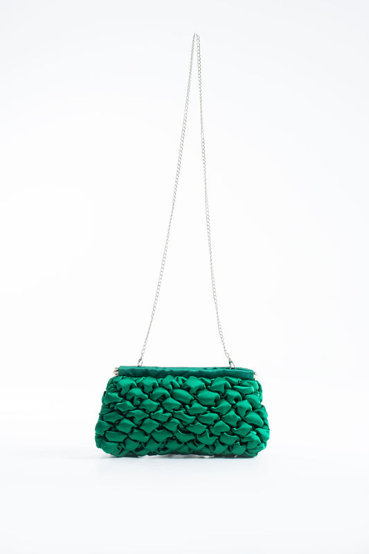 Puffy Quilted Satin Clucth Bag with Detachable Crossbody Strap - Green