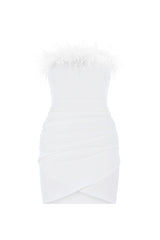 Trägerloses Minikleid mit Kunstfederbesatz – Weiß 