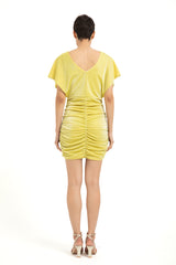 Schimmerndes, gerafftes Kleid mit V-Ausschnitt – Gelb