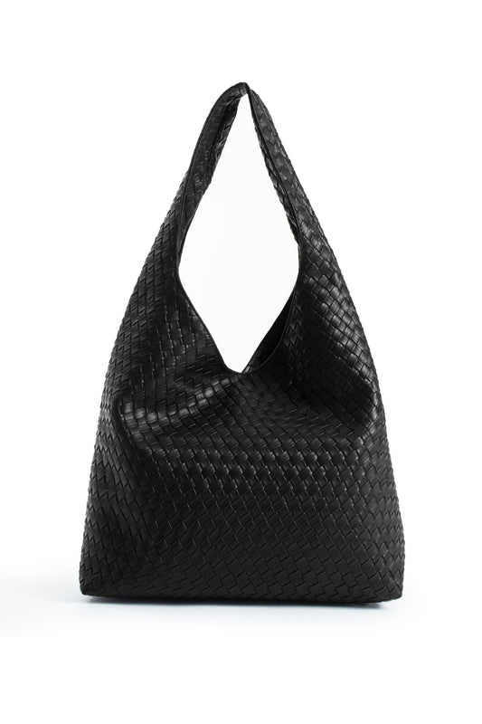 Braided Pu Leather  Slouchy Tote Bag - Black