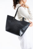 Textured  Pu Leather Tote Bag with Matching Zipper Pouch 2PCS Set - Black
