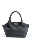 Woven Suede Top Handle Crossbody Bag with Twist Lock Detail - Black