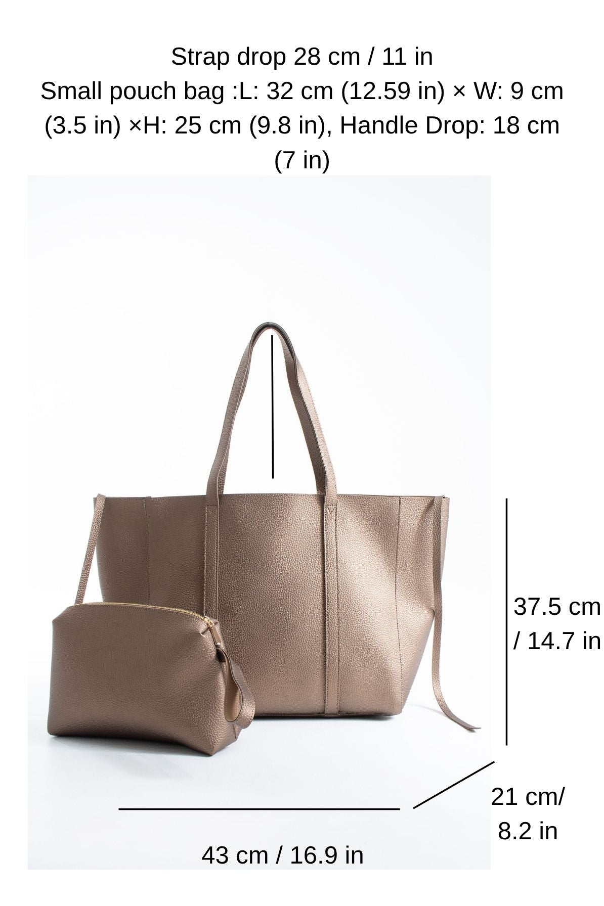 Grain Pu Leather Large Tote Bag with Matching Zipper Pouch  2PCS Set - Gold